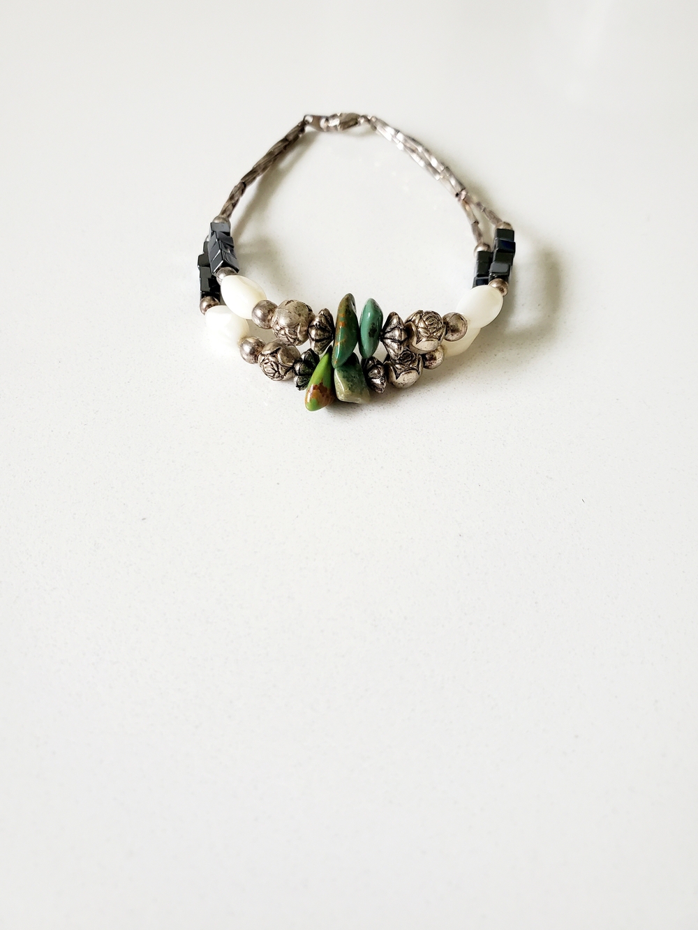 Green and Silver Beaded Women's Bracelet